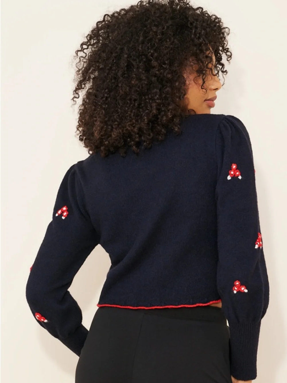 Free People Nonna Knit Navy Cropped Cardigan with Red Floral Intarsia